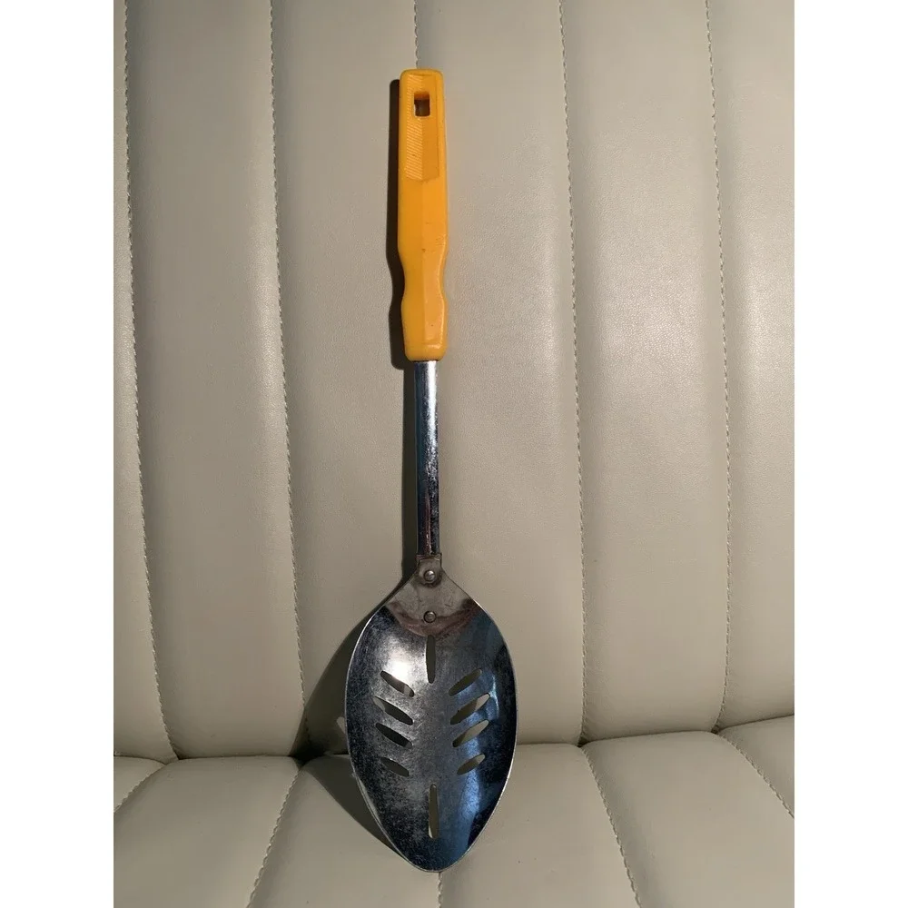 Vintage Kitchen Slotted Serving Spoon Utensil with Yellow Handle Made in Japan